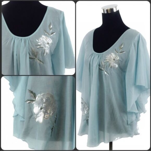 NWT Karen Kane Aqua Silver Flutter Slv Silk Top | Coastal Mermaidcore Old Money - Picture 4 of 8